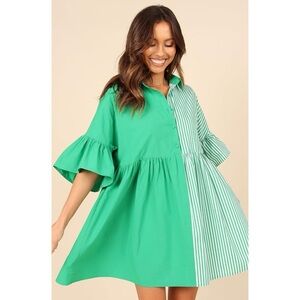 Petal & Pup Didi Frill Short Sleeve Green Striped Mini Dress Size XS